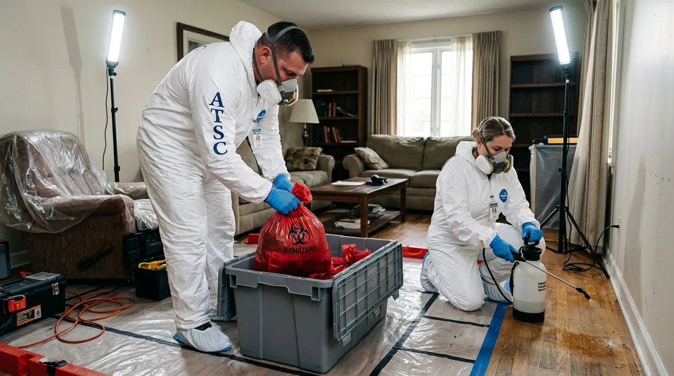 Professional Biohazard Cleanup technician in full PPE working in Oak Park